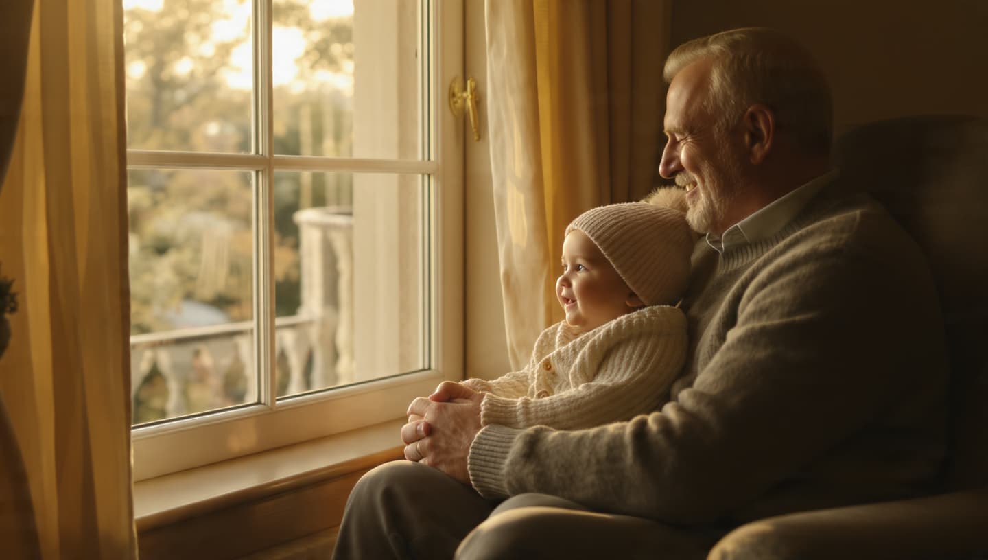 Grandparent and grandchild sitting together by a window
